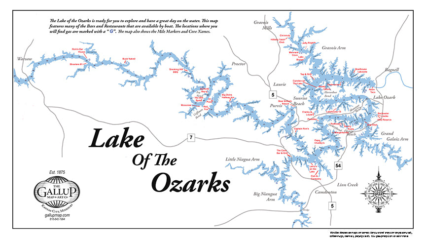 Lake of the Ozarks Chart for the Boat with Bars, Restaurants and Gas