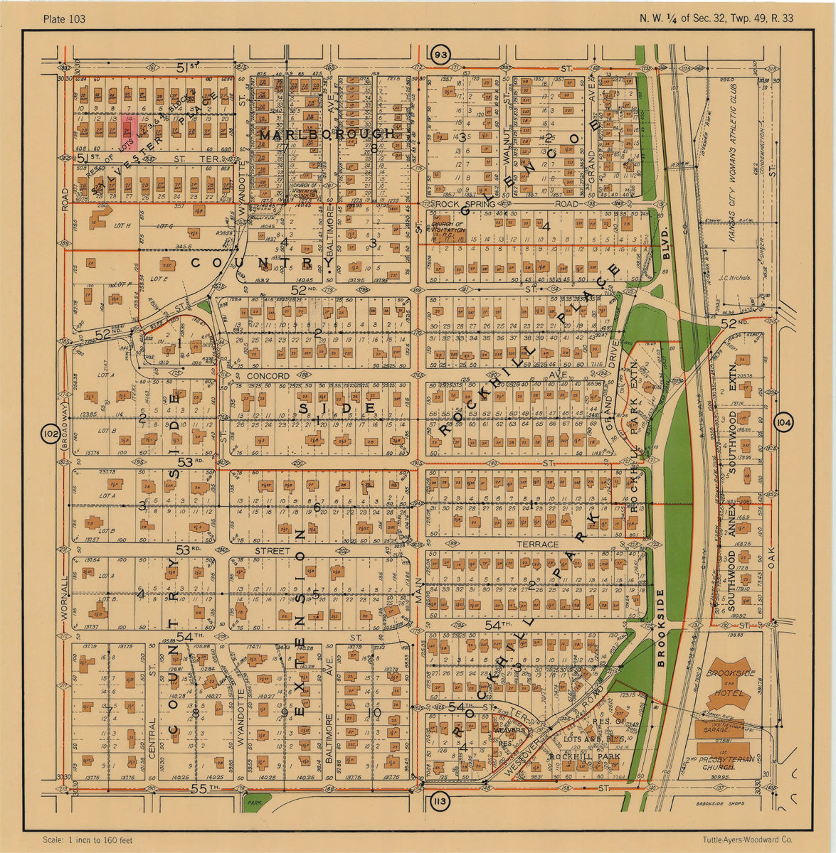 Kansas City 1925 Neighborhood Map - Plate #103 51st-55th Wornall-Oak