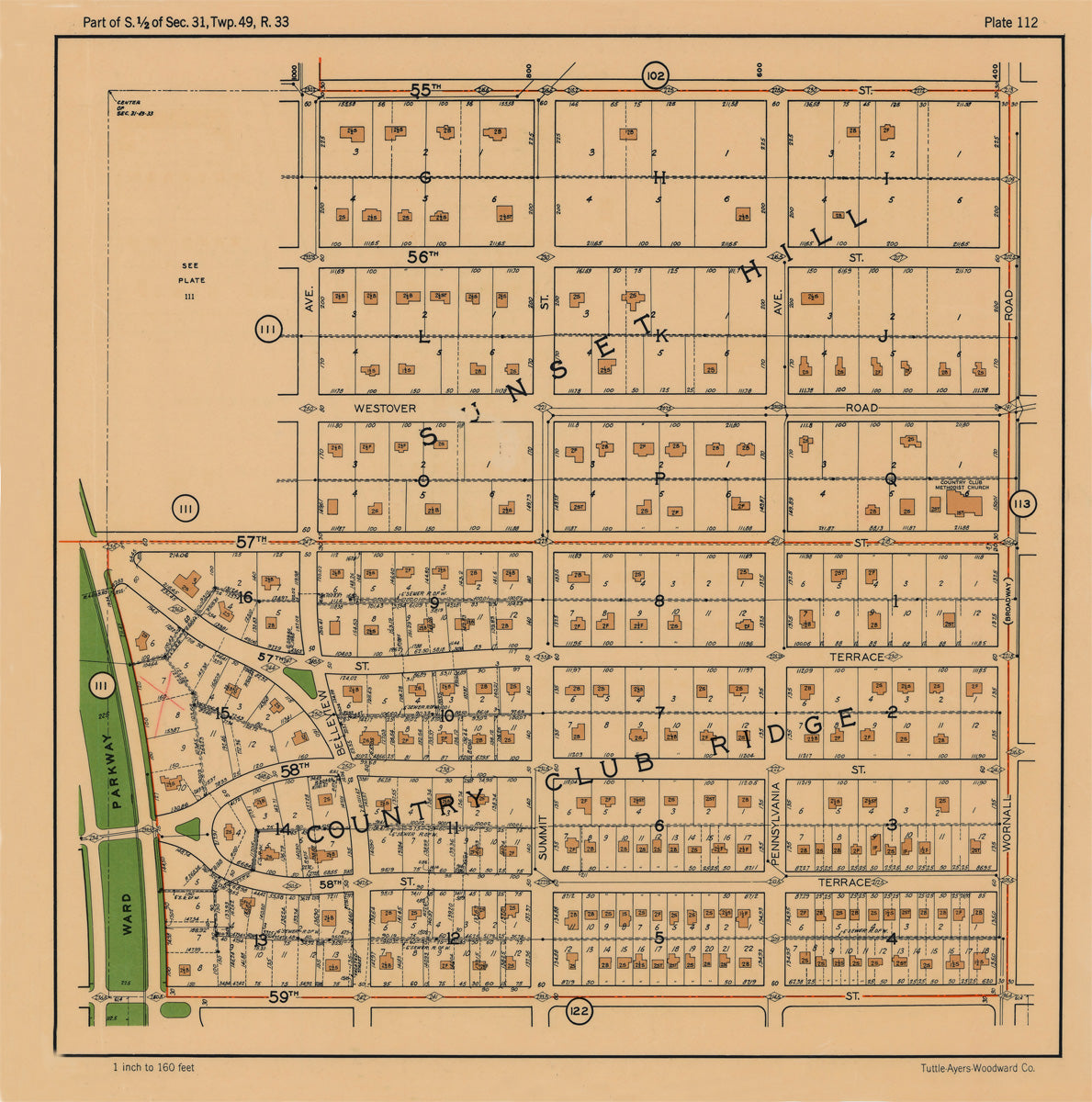 Kansas City 1925 Neighborhood Map - Plate #112 55th-59th Ward Pkwy-Wornall