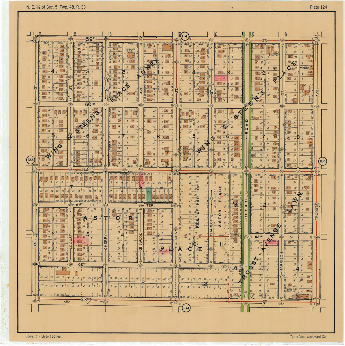 Kansas City 1925 Neighborhood Map - Plate #124 59th-63rd Oak-Troost