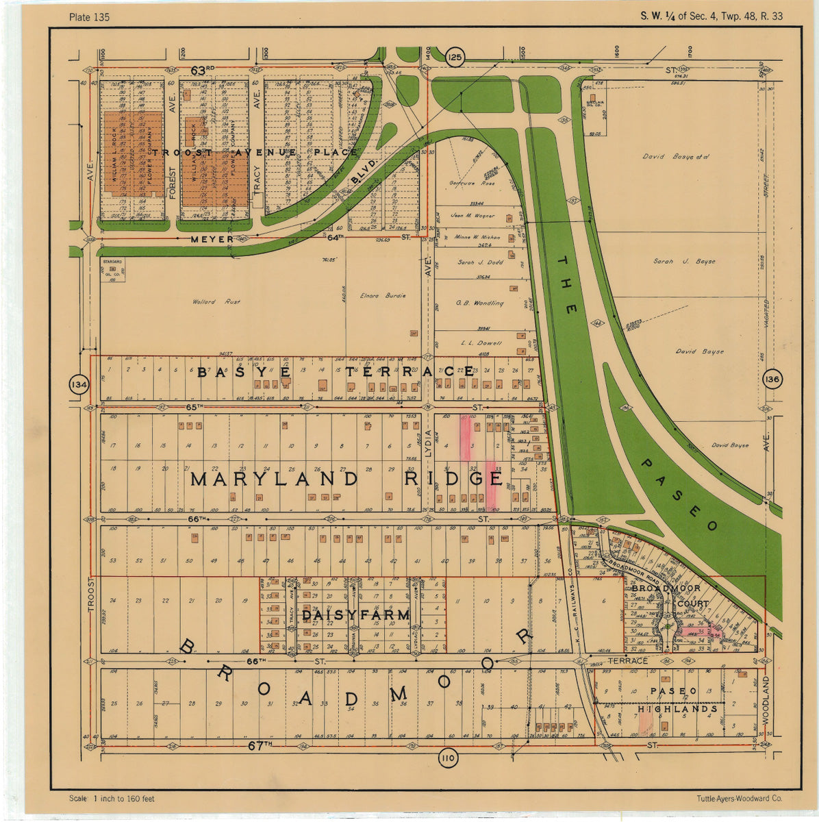 Kansas City 1925 Neighborhood Map - Plate #135 63rd-67th Troost-Woodland