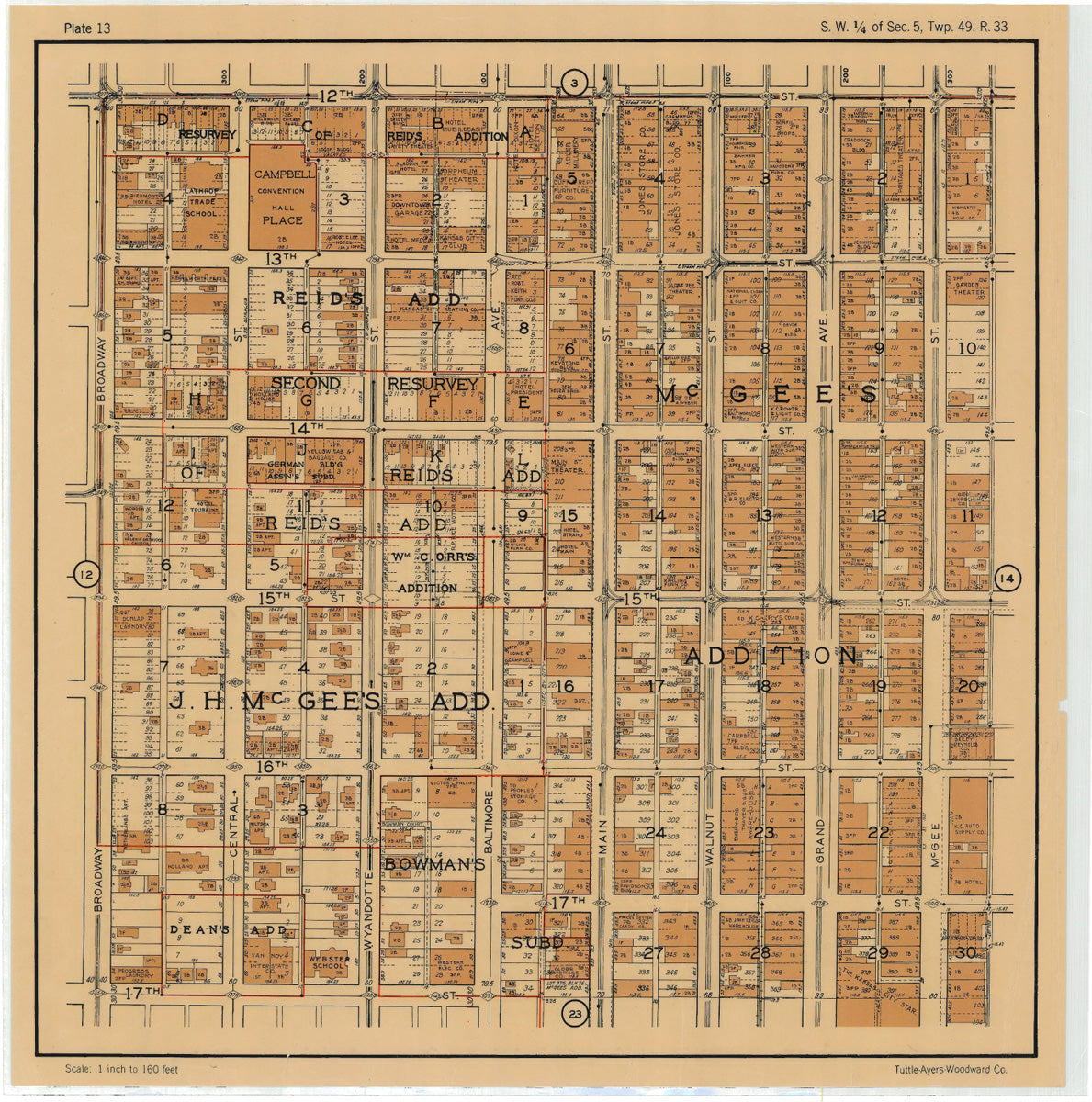 Kansas City 1925 Neighborhood Map - Plate #13 12th-17th Broadway-McGEE