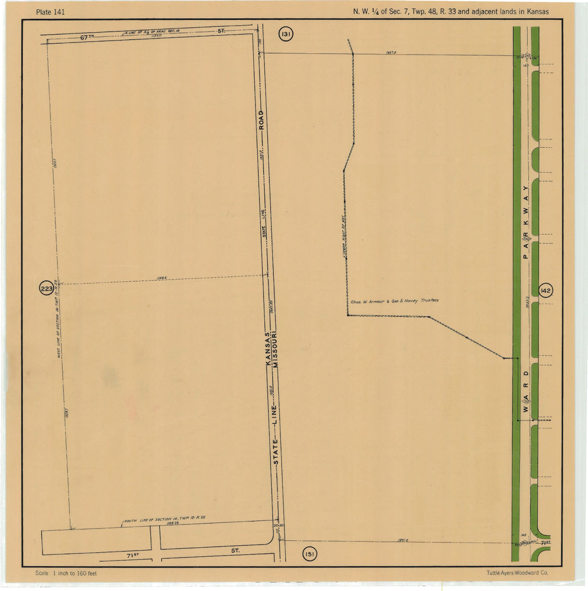 Kansas City 1925 Neighborhood Map - Plate #141 67th-71st State Line-Ward Pkwy