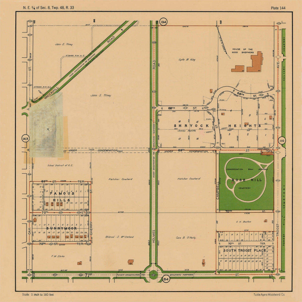 Kansas City 1925 Neighborhood Map - Plate #144 68th-71st Oak-Troost