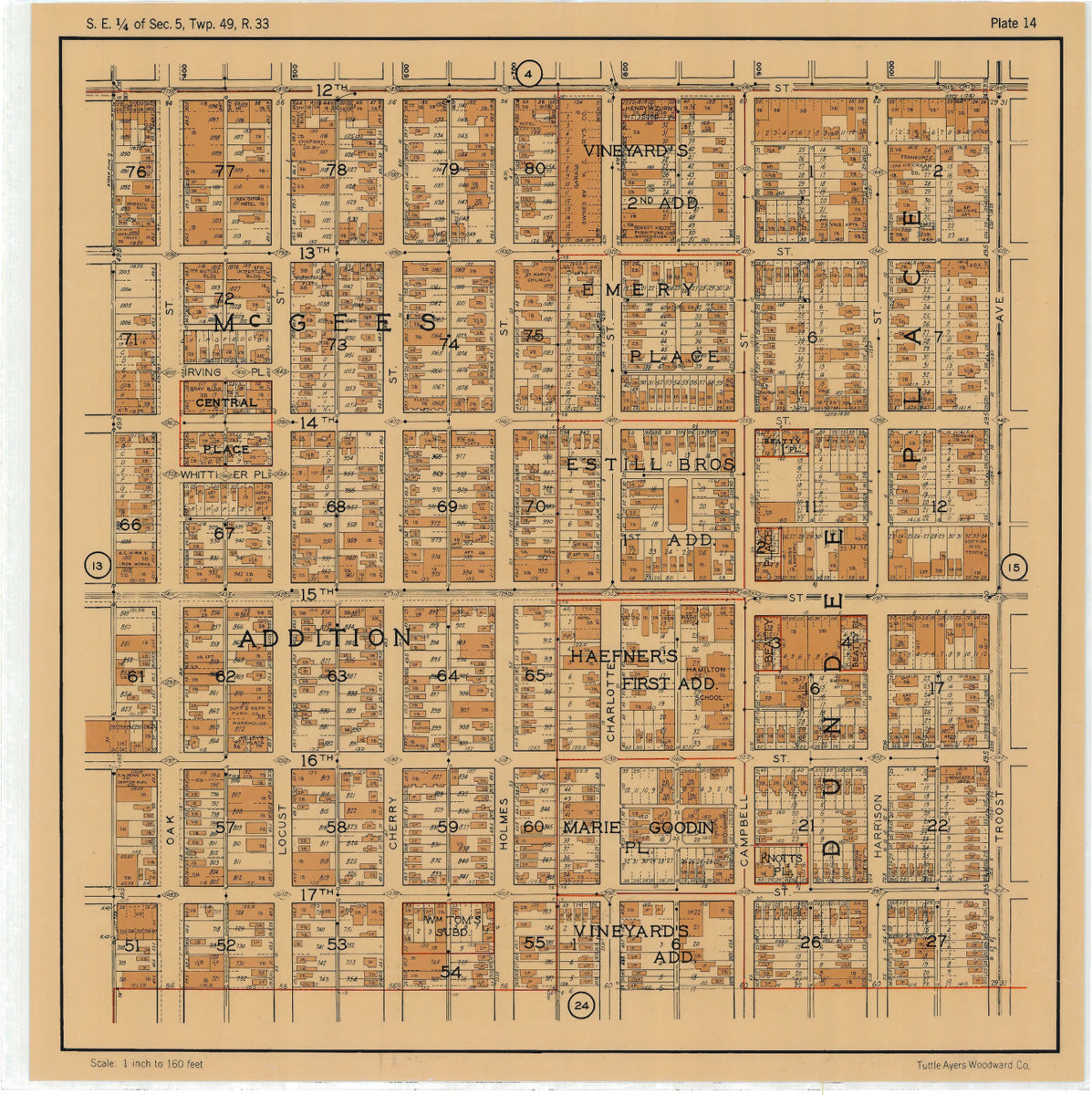 Kansas City 1925 Neighborhood Map - Plate #14 12th-17th Oak-Troost