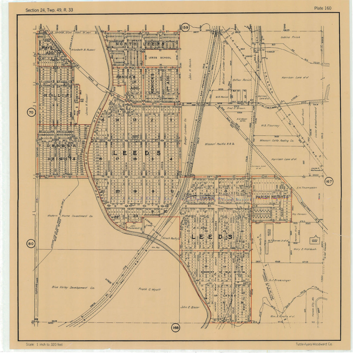 Kansas City 1925 Neighborhood Map - Plate #160 35th-43rd Topping-Parish