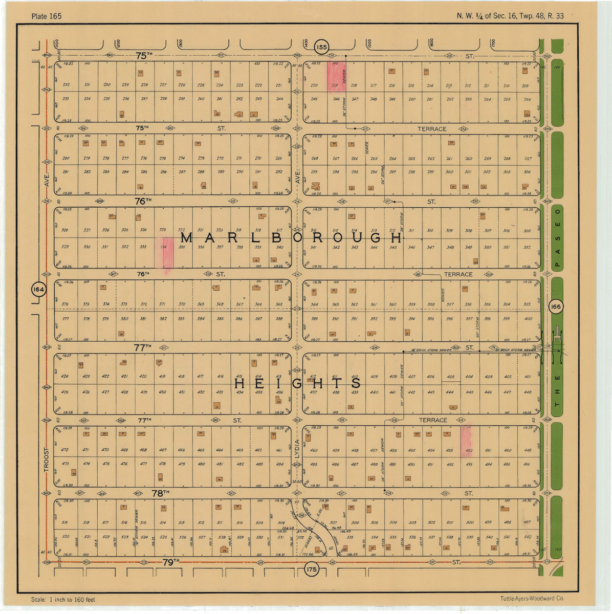 Kansas City 1925 Neighborhood Map - Plate #165 75th-79th Troost-Paseo