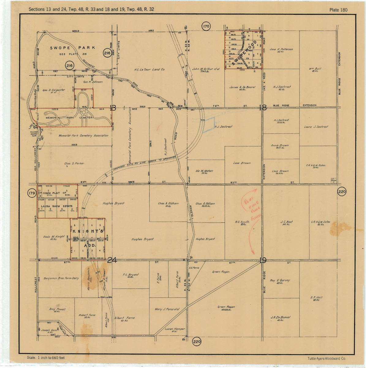Kansas City 1925 Neighborhood Map - Plate #180 75th-87th Hillcrest-Blue Ridge Extn