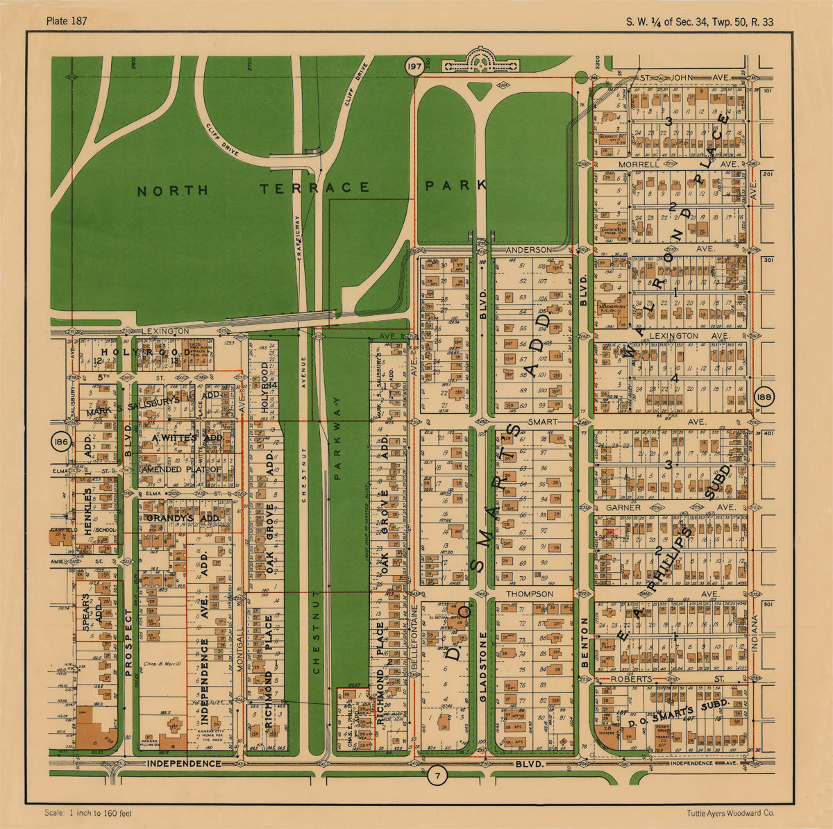 Kansas City 1925 Neighborhood Map - Plate #187 St John-Indep Ave Prospect-Indiana