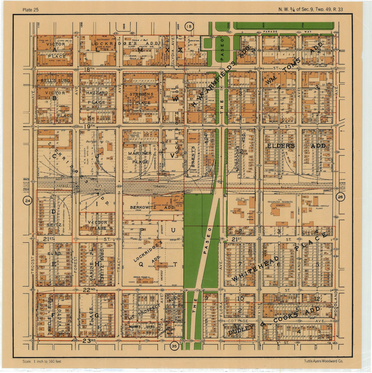 Kansas City 1925 Neighborhood Map - Plate #25 18th-23 Troost-Woodland