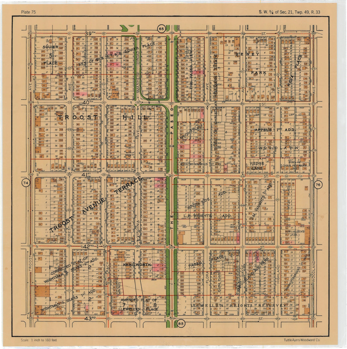Kansas City 1925 Neighborhood Map - Plate #75 39th-43rd Troost-Woodland