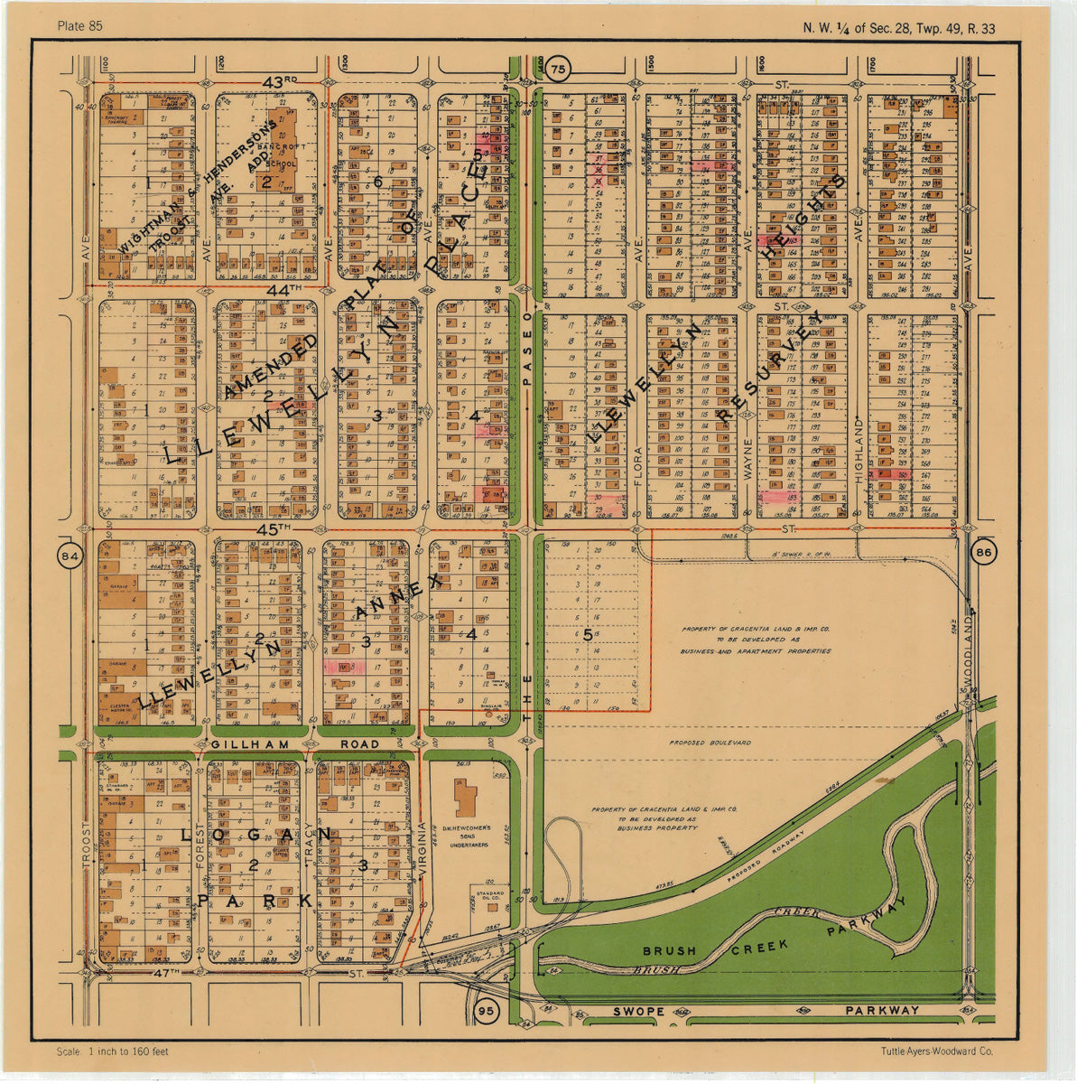Kansas City 1925 Neighborhood Map - Plate #85 43rd-47th Troost-Woodland