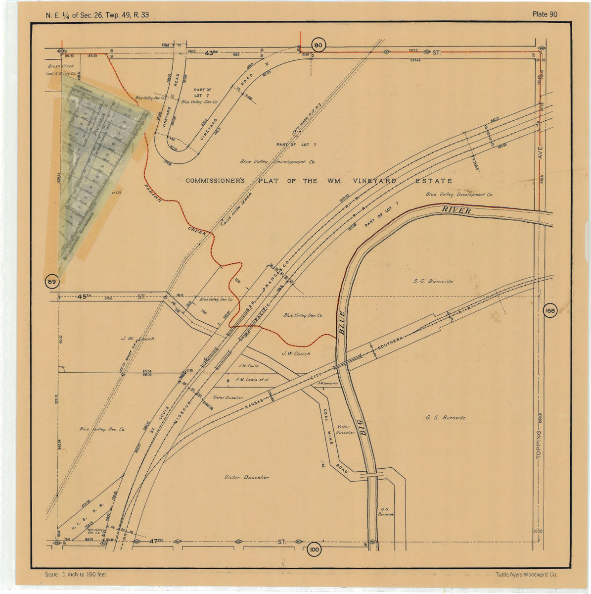 Kansas City 1925 Neighborhood Map - Plate #90 43rd-47th Vineyard-Topping