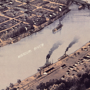 Kansas City Missouri Birds Eye Antique Map 1869