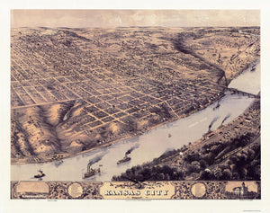 Kansas City Missouri Birds Eye Antique Map 1869