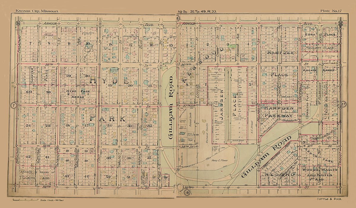 Kansas City Tuttle and Pike 1907 - Plate No. 17 Armour-39th, Broadway-Troost