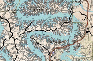 Lake of the Ozarks New and Old Combo Map Old West with Cove Names and Mile Markers