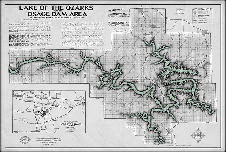 Lake of the Ozarks Map Decorator Gray with Antique Green water WITH COVE NAMES